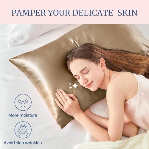 Image of Go Well Bonnet for Curly Hair with Free Satin Pillow Covers and Scrunchies | Silk Bonnet for Hair | Combo of Pack of 2 Satin Pillowcases with 3 Silk Scrunchies Adjustable HairCap (khakhi)