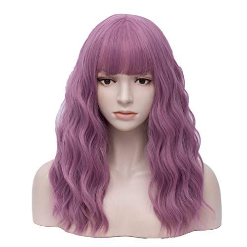 Women's Violet Purple Wavy Wig with Bangs Middle Length Synthetic Wigs for Daily Use or Costume