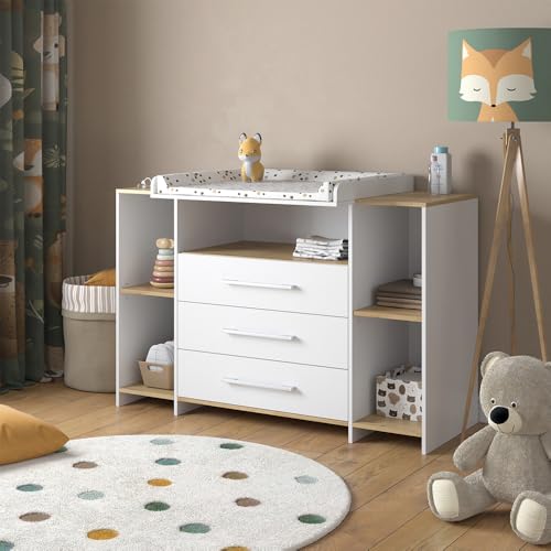 Vicco Commode à Langer Oskar, Chêne Blanc/Force de l'or, 143.2x93cm avec 3 tiroirs, Convient comme Table à Langer avec Espace de Rangement Extensible