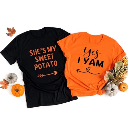 YZMI Yes I Yam Thanksgiving Shirts for Women Funny Match Shirt for Couples Hearted Tshirts Orange L