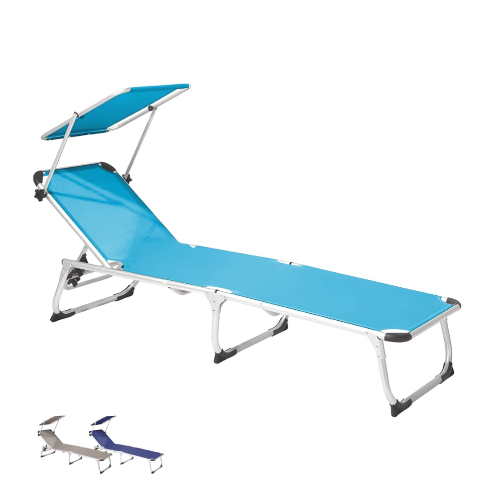 PALUPLUS Lettino Prendisole Pieghevole in ALLUMINIO con Tetto Parasole, Misura 190x60x80 cm, Tessuto Textilene impermeabile, tubolare 25mm per Spiaggia Piscina, Peso Max 120kg -489F-5,4 (Azzurro)