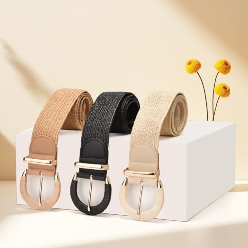 Yaopeing 3 Pieces Straw Woven Belt for Women Ladies,Boho Elastic Waist Braided Belt for Dress4