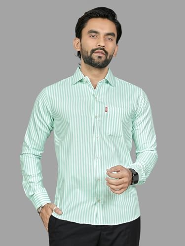 Image of MILDIN Men's Pure Cotton Striped Printed Shirt with Spread Collared Neck Full Sleeve Curved Hemline Button Closure and Regular Fit | Shirt for Man