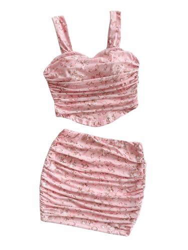 Verdusa Women's 2 Piece Outfits Floral Print Ruched Crop Tank Top and Bodycon Skirt Set