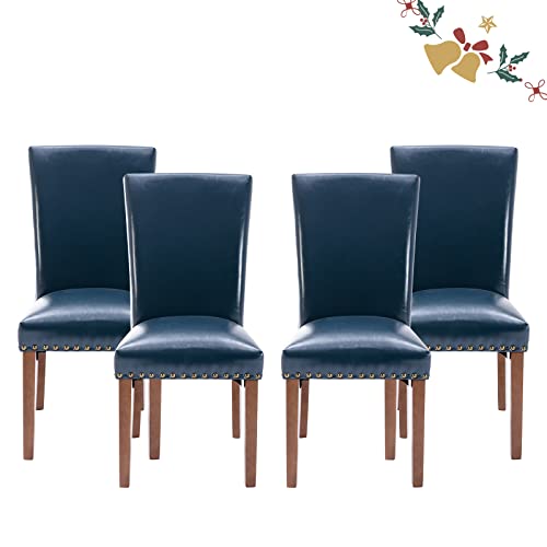Image of Parsons Dining Chairs Set of 4, Upholstered Nailhead PU Leather Dining Room Kitchen Side Chair with Thick Cushions and Wood Legs, Blue
