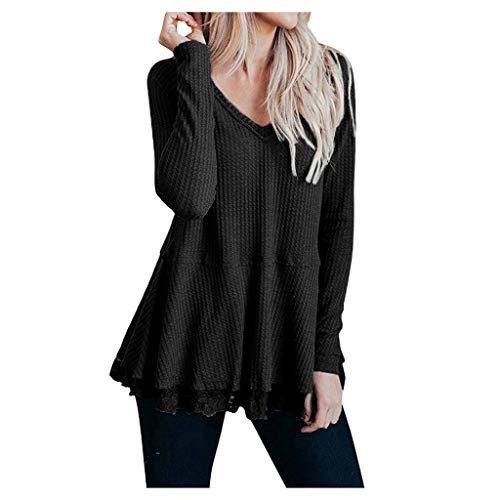 haoricu Women's Blouse Ladies Waffle Long Sleeve v Neck Sweater Tunic Sexy Solid Color Lace Ruffled Hem Shirt Tops Black