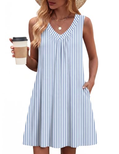Image of Zeagoo Summer Dresses for Women 2026 Sleeveless Dress V Neck Tank Dress Pleated Floral Tshirt Sundresses with Pockets