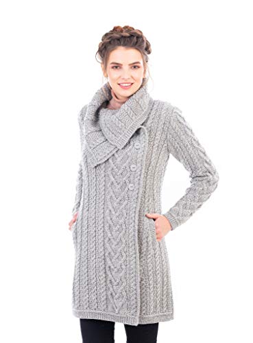 SAOL 100% Merino Wool Women Classic Cable Knit Cardigan Irish Coat with Pockets (Grey, X-Large)
