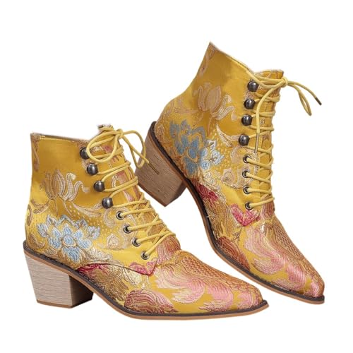 Womens Vintage Floral Embroidered Block Heel Cowboy Ankle Boots Pointed Toe Lace Up Chunky Heel Short Booties
