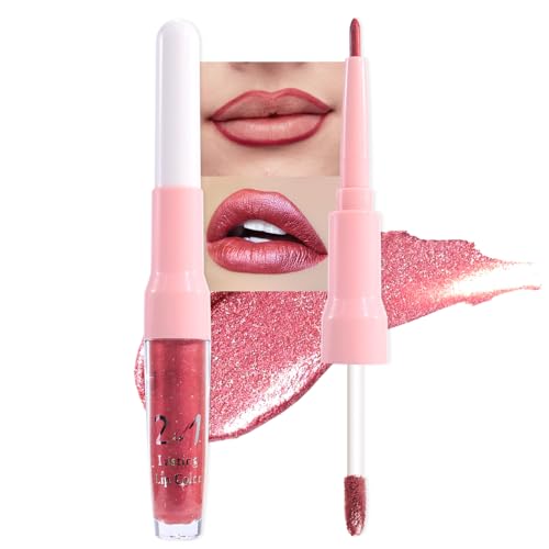 Image of evpct Mauve Red Metallic Glitter Lip Liner and Lipstick Combo Lip Gloss Stain Set Makeup for Women Long Lasting Waterproof 24, Red Metallic Shimmer Frosted Iridescent Glossy Liquid Lipstick 13