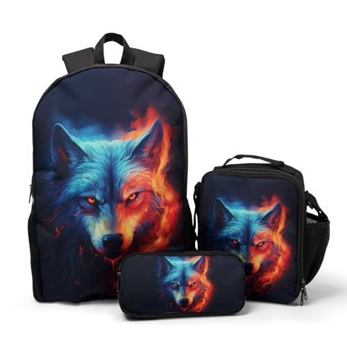 Nerxy Wolf School Backpack Set 3 Pcs, Red Blue Animal Printed School Bags Shoulder Bookbag with Lunch Box Pencil Holder 3 in 1 for Elementary Middle High Students Teenager Girls Boys