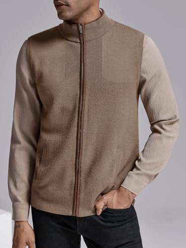 Image of Ryannology Mens Sweater Vest Zip up Casual Sleeveless Cardigan Knitted Stand Collar Regular Fit Jacket with Pockets