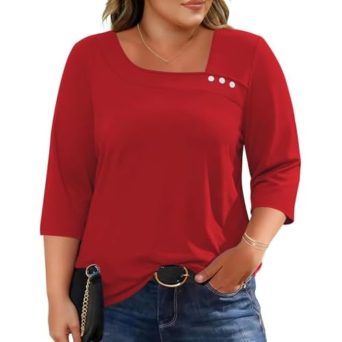 LOMON Womens Plus Size Tops 3/4 Length Sleeve T Shirts Asymmetrical Neck Blouses for Women Fashion 2026