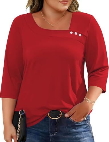 LOMON Plus Size Christmas Shirts for Curvy Women 2026 3/4 Length Sleeve Womens Winter Clothes Asymmetrical Misses Tops Red 3X