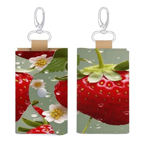 RLDOBOFE Lovely Strawberry Leather Key Case,Fashionable Credit Card Holder Slim Multi Card Keychain Pouch Travel Portable Keychain Wallet
