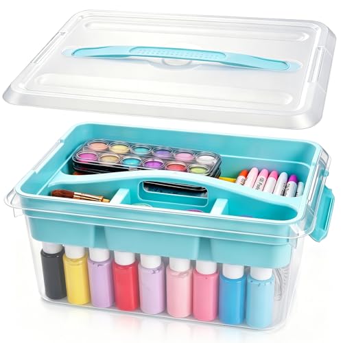 Image of Yesland Stack & Carry Box with Removable Tray, 16 x 11 x 6.5 Inch Plastic Art Supply Storage Organizer Craft Storage Containers with Handle, Portable Organizer Bin for Stationery Sewing Jewelry, Blue