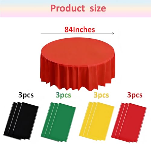MEILINJIAN 12Pcs Red Green Yellow Black Tablecloth Plastic,Disposable Black History Month Table Cloth Round Table Cover for Party Decoration 84Inch by MEILINJIAN - Image 2