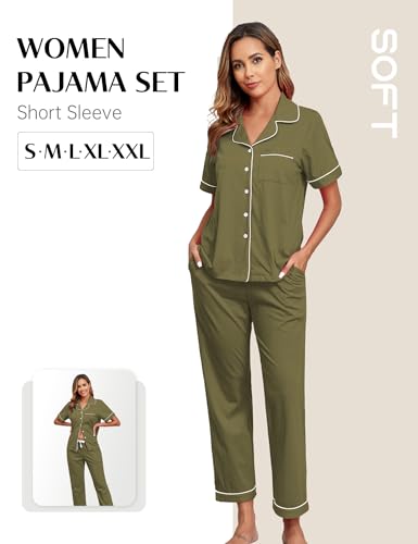 Image of COLORFULLEAF Women's 100% Cotton Pajamas Set Button Down Sleepwear Short Sleeve Shirt and Long Pants Soft Ladies Lounge Sets