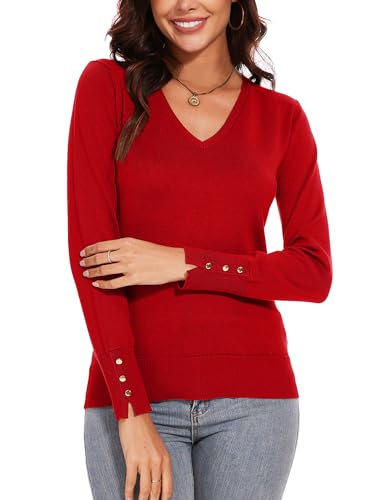 Image of Spicy Sandia Women's V Neck Pullover Sweaters with Dressy Cuffs | Long Sleeve Business Casual Knit Tops