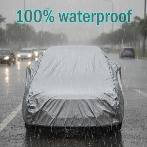 Image of 100% Waterproof Car Body Cover Compatible with Renaults Triber (2015 to 2026), with Mirror Pockets, Long Lasting Strong Durable Material, Bottom Elastic Triple Stitched (Silver)