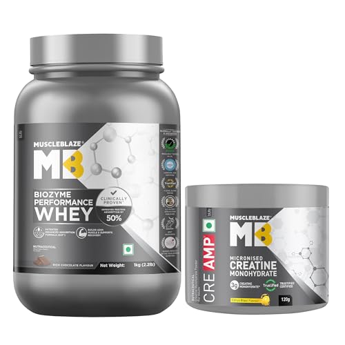 Image of MuscleBlaze Biozyme Performance Whey Protein, 1kg + Creatine 120g | Rich Chocolate | With Citrus Blast Creatine, 30 Servings