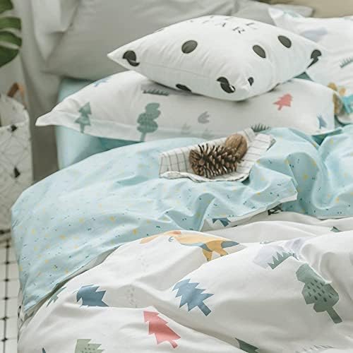 Dinosaur Duvet Cover Queen, 100% Cotton 3 Pieces Queen Dinosaur Bedding Set for Girls Boys, Cartoon Style Dino Print Reversible Queen Duvet Cover Forest, with Zipper Closure, Comfortable Breathable 4