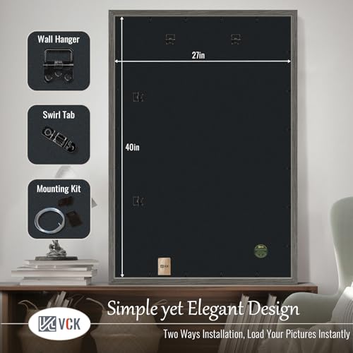 Image of VCK 27x40 Poster Frame Solid Wood Gray Grey 3 Pack Picture Frames 27 x 40 Inches with Wall Mounting Hanging