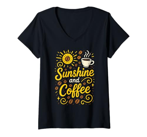 Mujer Sunshine and Coffee Morning Retro Style Art Camiseta Cuello V