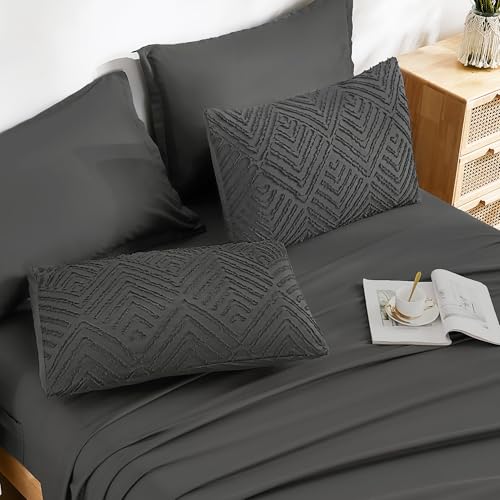 Image of Andency Oversized King Size Comforter Set 7 Pieces Dark Grey - Bed in a Bag Oversized King Boho Lightweight Fluffy Tufted Bedding Sets with Comforter, Sheets, Pillowcases & Shams
