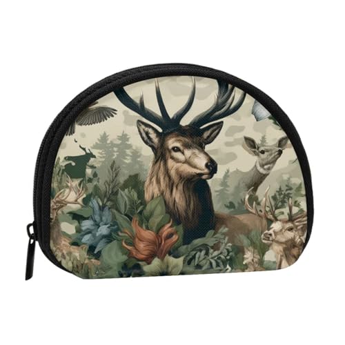 Portable Coin Purse Elk-Forest-Flowers Mini Zippered Money Pouch Card Holder
