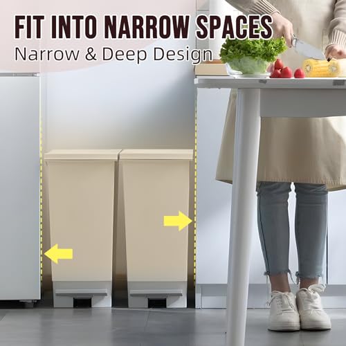 Image of 8 Gallon Trash Can With Lid and Foot Pedal, Plastic Slim Kitchen Step On Trash Can, Hands Free Recycling White Kitchen Garbage Can, Odor Block, 9 Inch Wide Trash Bin Fit For Narrow Space, 3Pack