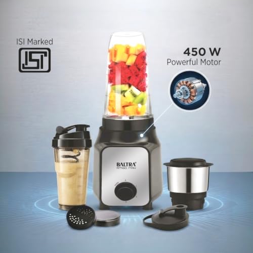 Image of BALTRA Amigo Max Nutri Mixer & Smoothie Maker | 450W Powerful Motor | 3 Jars & Blender Jar | Multi-Speed Mixer Grinder | Fruit Juicer, Smoothie & Chutney Maker | BNM-103