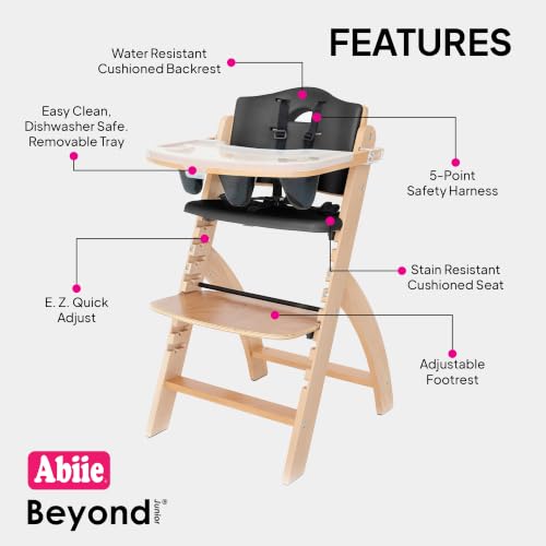 Image of Abiie Beyond Junior Wooden High Chair for Babies and Toddlers - Convertible 3-in-1 Baby Highchair with Removable Tray - 6 Months to 250 Lb - Water Resistant - Natural Wood /Black Pearl Cushion