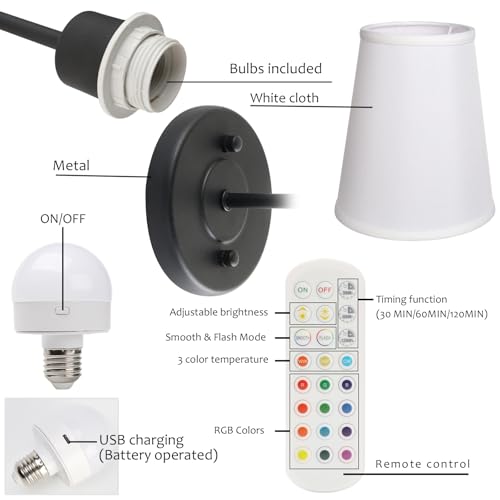 Image of Pathson Battery Operated Fabric Wall Sconce Light Set of 2, Rechargeable Dimmable Wall Vanity Lights White Fabric Lampshade, Remote Control Wireless Wall Lamp for Bedroom Living Room, Bulb Included