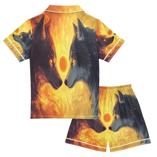 ALAZA Wolf Moon Animal Fire Satin Pajamas Set Short Sleeve Button Down Sleepwear Summer Pjs 2 Piece2