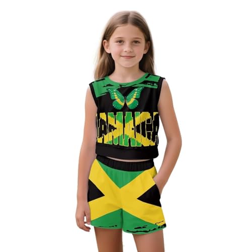 ZFRXIGN Jamaican Shirt Tracksuit Outfit for Girls 5-14 Years 2 Piece Outfit Set Sleeveless Tops Athletic Shorts for Exercise