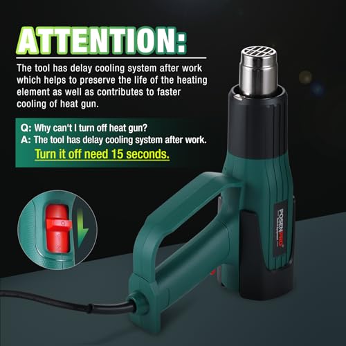Professional Heat Gun w/Cooling System(Turn Off Need 15s), POSENPRO 2000W Electric Hot Air Gun, Variable Temperature 60℃-600℃, 300L/Min~500L/Min, Overload Protection, 5 Nozzle Attachments 2 Professional Heat Gun w/Cooling System(Turn Off Need 15s), POSENPRO 2000W Electric Hot Air Gun, Variable Temperature 60℃-600℃, 300L/Min~500L/Min, Overload Protection, 5 Nozzle Attachments - Image 2