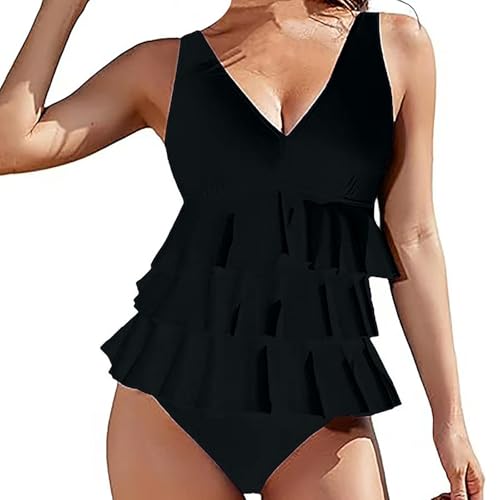 Akklian Womens Two Piece Swimsuit Ruffle Tiered Flowy Tankini Top with Tummy Control Bottom Modest Full Coverage Bathing Suit4