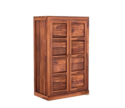 Image of Sheesham Wood Wooden 2 Door Wardrobe Organizer for Clothes | - Solid Wood Almirah with 2 Shelves - with Hanging Space Cupboard for Large Bedroom (Design 24)