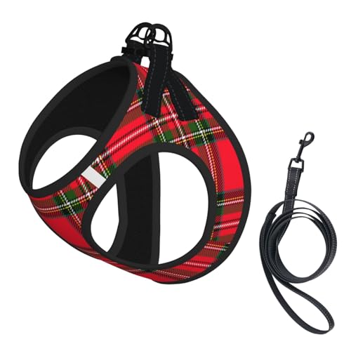 Christmas Red Plaid Tartan No Pull Dog Harness and Leash Set – Reflective Vest,Medium,Soft Cute Pet Harness for Small Dogs Xmas Holiday Walking Gear