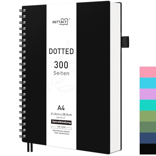 RETTACY Notizbuch A4 Gepunktetes, Bullet Dot Journal, Spiral-Notizbücher 150 Blatt/300 Seiten zum Schreiben, 100gsm, PVC Hardcover, für Frauen Männer Arbeit Büro Schule, 21.5 x 27.9cm – Schwarz