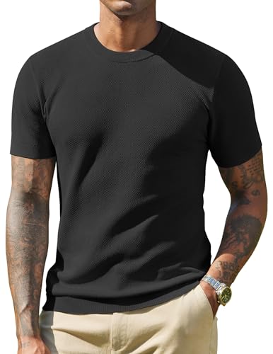COOFANDY T Shirt Herren Strick Tshirt Männer Basic T Shirt Sommer Pullover Kurzarm T-Shirt mit Rundhals Oberteile Strickshirt Schwarz M