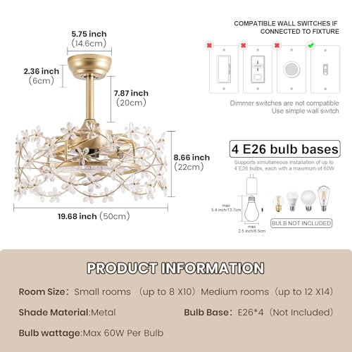 Image of 20 inch Gold Fandelier Ceiling Fan with Light, Flower Chandelier Ceiling Fan | Modern Enclosed Caged, 6 Speeds Remote Control, Reversible Motor, Timer, for Girl's Bedroom, Nursery, Living Room