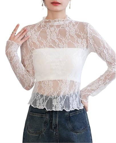 ROSVAJFY Durchsichtiges Oberteil mit Spitze Langarmshirt mit Mesh Spitzen Top Langarm Netzoberteil (DE/NL/SE/PL, Alphanumerisch, S, Regular, Regular, Weiß)
