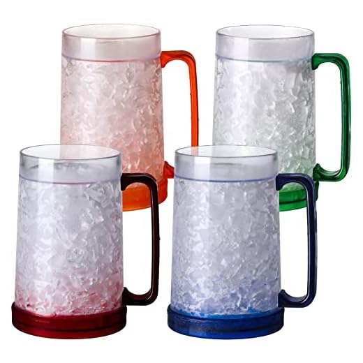 Easicozi Double Wall Gel Frosty Freezer Ice Mugs Clear 16oz Set of 4 (Blue, Red, Orange and Green)