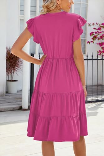 Image of Womens Summer Dress Ruffle Sleeve V Neck Midi Dresses Casual Fit Flowy Tiered Boho Beach Vacation Sundress