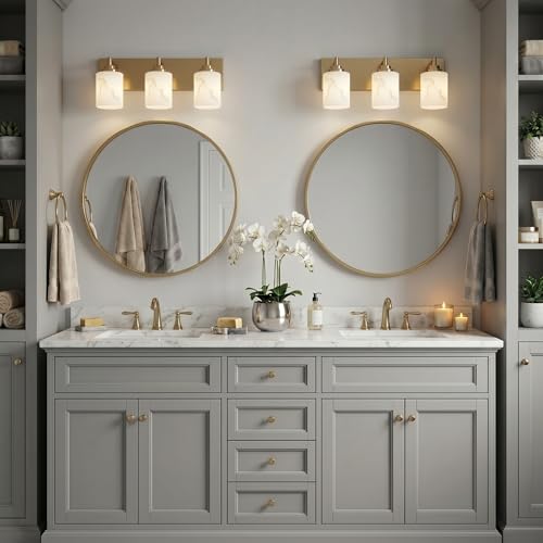Image of 3-Light Bathroom Light Fixture, Gold Modern Vanity Light with White Marble Glass Shade, for Bathroom Mirror, Living Room, Bedroom, Hallway, E26 Base, Extended Base