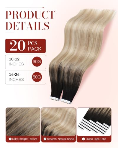 Image of Moresoo Human Hair Tape in Extensions Brown Blonde 12 Inch 20Pcs 30g | Human hair tape in extensions, Remy straight texture, dark roots, honey blonde lengths, flat tabs, short bob styling