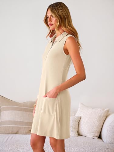 Image of ANRABESS Womens Summer Dresses Casual Sleeveless Ribbed Half Zip Polo Collar Tshirt Dress 2026 Spring Tunics Short Sundress