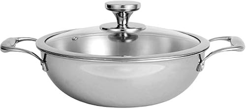 Kadai - Utensilios de cocina de acero inoxidable Triply Kadhai, sartén profunda de 1.5 LTR con tapa de vidrio, parte inferior de inducción, sartén